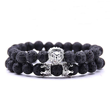 2Pcs Natural Lava Rock Round Beaded Stretch Bracelets CG7988-5-1