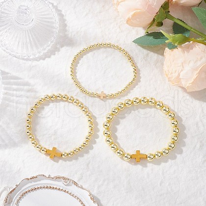 3Pcs Electroplate Non-magnetic Synthetic Hematite Round Beads Stretch Bracelets for Women BJEW-JB11943-1