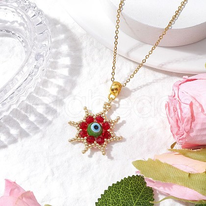 Glass Seed Beads & Handmade Evil Eye Lampwork Star Pendant Necklaces NJEW-MZ00098-05-1