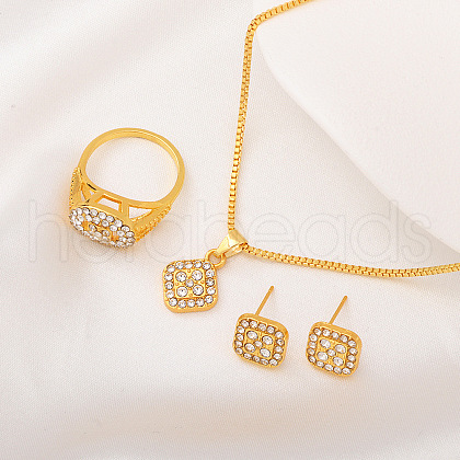 Rhombus Alloy with Rhinestone Pendant Necklace & Stud Earring & Ring FS-WGFED7A-03-1
