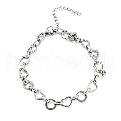304 Stainless Steel Heart & Flat Round Link Bracelets for Men & Women BJEW-D042-24P-1