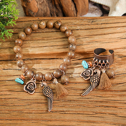 Alloy & Wood & Synthetic Turquoise Jewelry Sets FS-WGA22DA-07-1