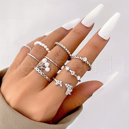 9Pcs Alloy & Crystal Rhinestone & Plastic Pearl Finger Rings WG8B2E7-03-1