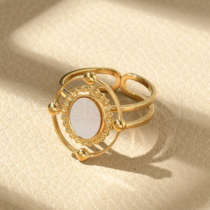 Oval 304 Stainless Steel White Shell Finger Rings for Women RJEW-G346-09G-02-1