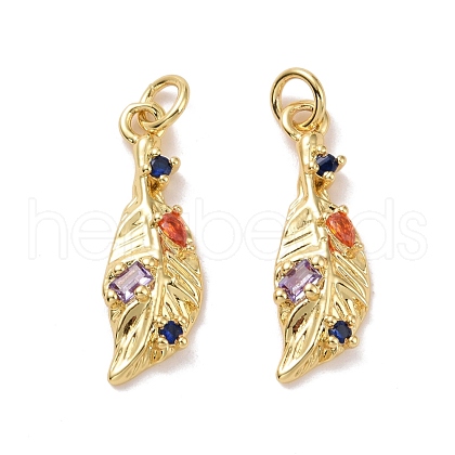 Feather Brass Micro Pave Colorful Cubic Zirconia Pendants KK-G406-34G-1