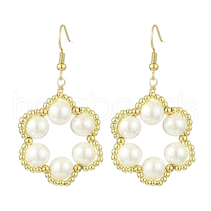 Flower Shell Pearl & Non-magnetic Synthetic Hematite Bead Dangle Earrings EJEW-JE05773-1