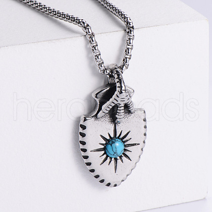 Trendy Stainless Steel Pave Synthetic Turquoise Eagle Claw Shield Pendant Necklaces for Men UJ0814-1