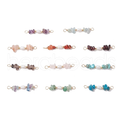 Natural Mixed Stone Chip & Natural Cultured Freshwater Pearl Rice Beaded Connector Charms PALLOY-JF03707-1