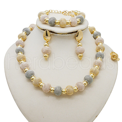 Rondelle Alloy Beaded Necklace & Stud Dangle Earring & Bracelet & Ring Sets FS-WGA4855-03-1