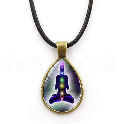 Yoga Theme Alloy Teardrop Pendant Necklace with Wax Rope for Women CHAK-PW0001-007H-1