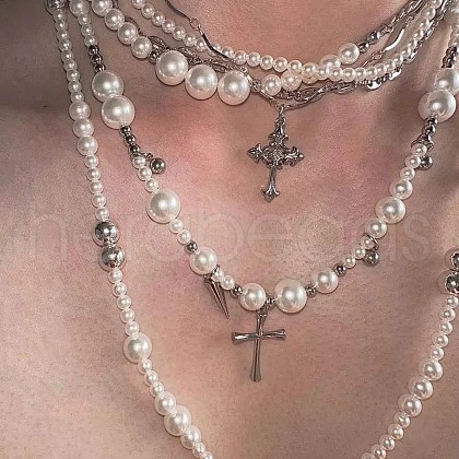 2Pcs Cross Stainless Steel & Plastic Imitation Pearl Pendant Multi Layered Necklaces for Women FS-WGBBA27-03-1