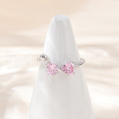 Bowknot Sterling Silver Cubic Zirconia Adjustable Cuff Rings for Women RJEW-B128-07-1