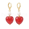 Mother's Day Jewellery Red Glass Heart with Natural Pearl Dangle Leverback Earrings EJEW-TA00129-2