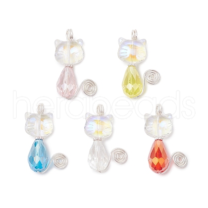 Cat Shape Glass Pendants PALLOY-JF03718-02-1