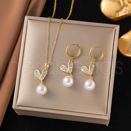 Heart 316L Surgical Stainless Steel & Clear Cubic Zirconia & Plastic Pearl Pendant Necklace & Hoop Earrings Sets for Women FS-WG3CC1B-01-1