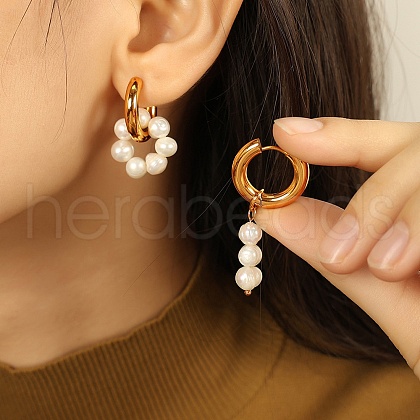304 Stainless Steel & Freshwater Pearl Asymmetric Hoop Earrings EJEW-S254-01G-1