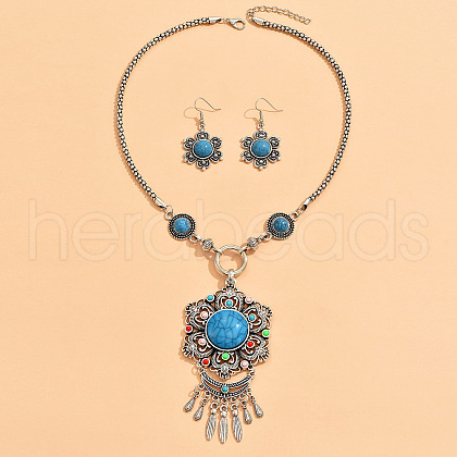 Flower Bohemian Ethnic Style Zinc Alloy & Resin Pendant Necklace & Dangle Earring Sets FS-WGD47C5-04-1