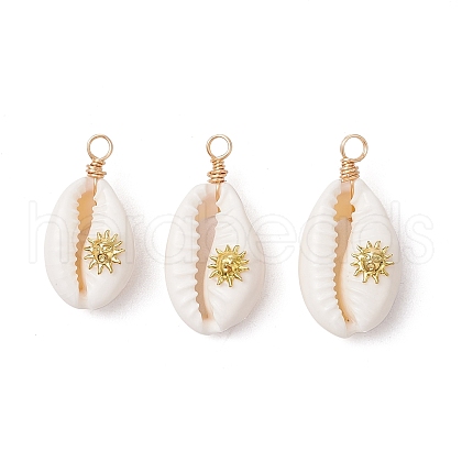 Copper Wire Wrapped Natural Cowrie Shell Pendants PALLOY-JF03554-06-1