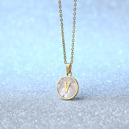 Flat Round Stainless Steel Pave Natural White Shell Initial Pendant Necklaces for Women FS-WG6FA45-22-1