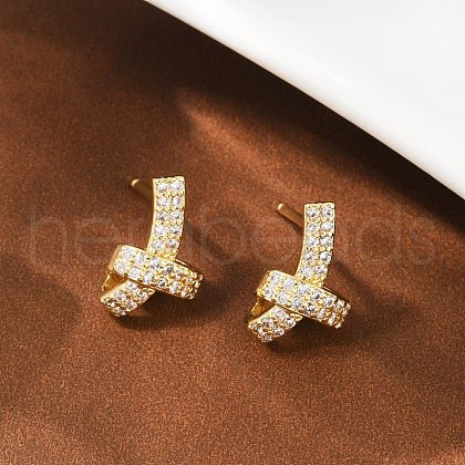 knot Brass Micro Pave Clear Cubic Zirconia Stud Earrings EJEW-F895-16G-1