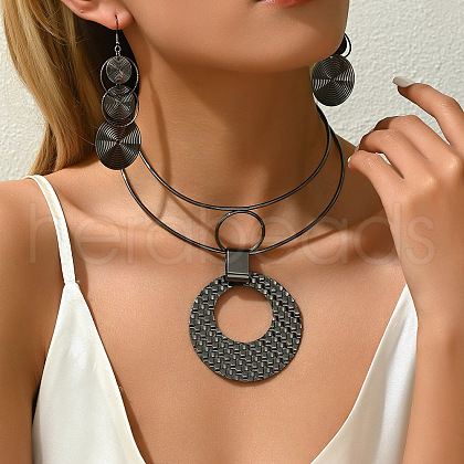 Ring with Flat Round Alloy Pendant Bib Choker & Dangle Earrings Sets FS-WG0F30A-02-1