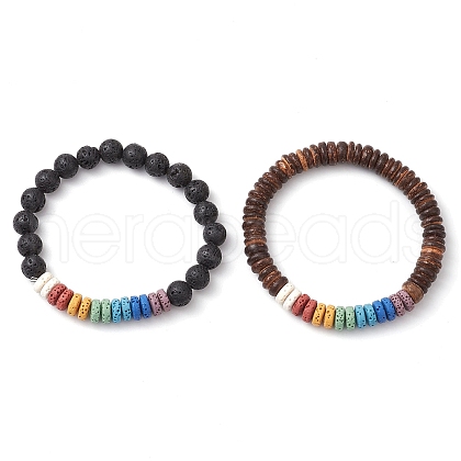 2Pcs Natural Lava Rock & Coconut Beads Stretch Bracelets BJEW-JB11224-1