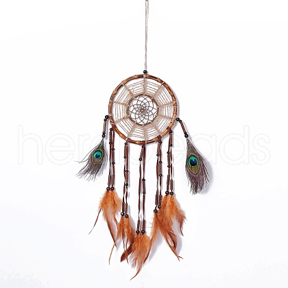 Native Style Bamboo Ring Woven Net/Web with Feather Wall Hanging Decoration HJEW-A001-07-1