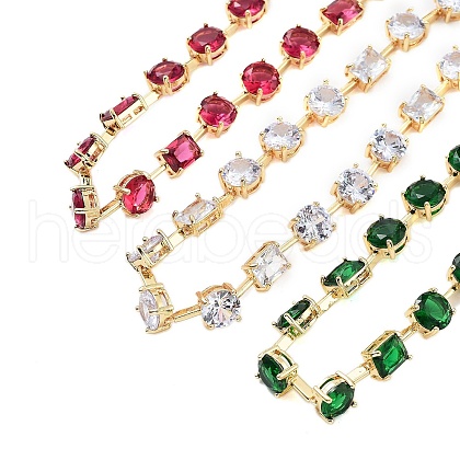 Rack Plating Brass Pave Cubic Zirconia Flat Round & Rectangle Link Necklaces for Women NJEW-B109-01G-1