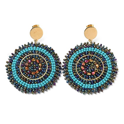 Woven Glass Beaded Flat Round Dangle Stud Earrings EJEW-A105-13G-1