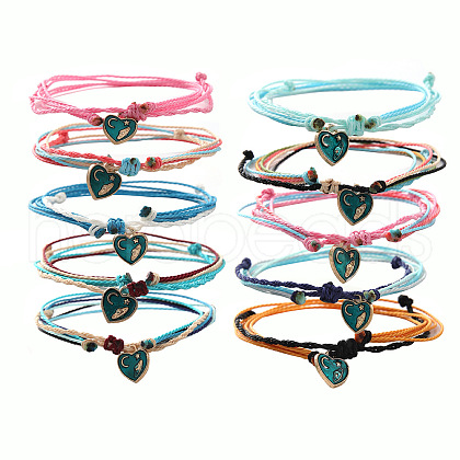 10Pcs Heart Alloy Enamel & Wax Cord Charm Bracelets Set FS-WG10F8B-13-1