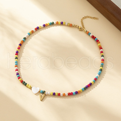 Heart Natural Shell & Colorful Glass Seed Round Beaded Necklaces FS-WGE10D5-21-1