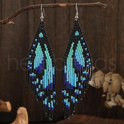 Bohemian Style Handmade Glass Seed Beads Butterfly Wing Tassel Stud Earrings OK8967-1-1