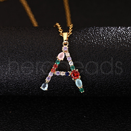 Brass Pave Colorful Cubic Zirconia Initial Pendant Necklaces for Women FS-WG659DF-01-1