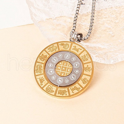 Stainless Steel Flat Round 12 Chinese Zodiac Pendant Box Chain Necklaces for Women Men PW-WG0711E-01-1
