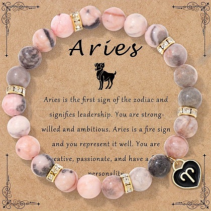 12 Constellations Natural Zebra Jasper Round Beaded with Enamel Heart Charm Bracelets WGB6967-03-1