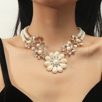 Alloy Crystal Rhinestone Flower Pendant Round Imitation Pearl Double Layer Necklaces for Women FS-WG4730C-01-1