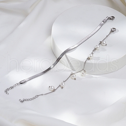 Fashionable Stainless Steel Herringbone & Curb Chains Double Layer Bracelets TF4640-1-1