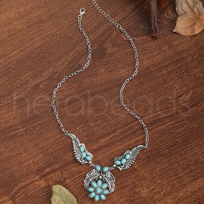 Bohemian Style Alloy Pave Dyed Synthetic Turquoise Feather Pendant Necklaces for Women FS-WG069F3-01-1