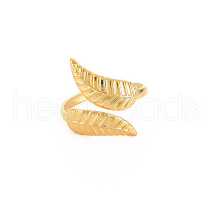 Ion Plating(IP) 304 Stainless Steel Leaf Open Cuff Ring for Women RJEW-S405-175G-1