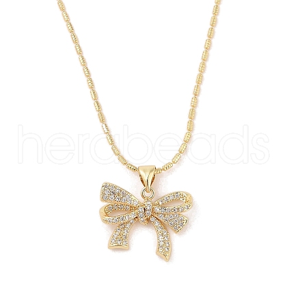 Brass Micro Pave Clear Cubic Zirconia Bowknot Pendant Necklaces for Women NJEW-S432-02G-01-1