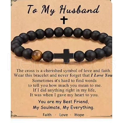 Cross Natural Tiger Eye & Frosted Black Obsidian Round Beads Stretch Bracelets for Men Women WG92FBF-10-1