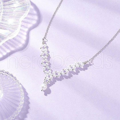 ABS Plastic Imitation Pearl Round Beaded V Pendant Brass Chain Necklaces NJEW-JN05299-1