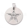 Non-Tarnish Flat Round with Star 201 Stainless Steel Pendants STAS-I032-146-1