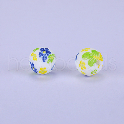 Printed Round with Flower Pattern Silicone Focal Beads SI-JX0056A-199-1