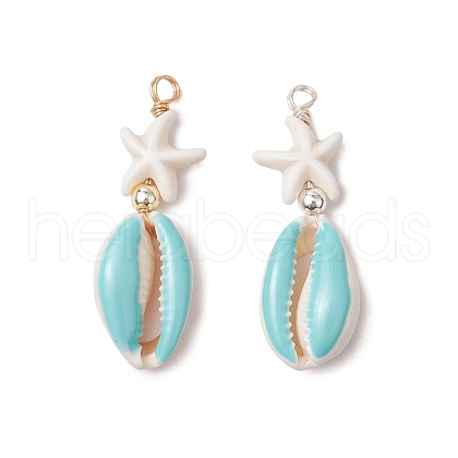 2Pcs 2 Colors Cowrie Shell Enamel & Synthetic Turquoise Starfish Pendants PALLOY-JF03406-1