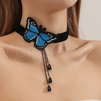 Gothic Alloy Rhinestone Black Lace Blue Butterfly Choker Necklaces for Women FS-WG02494-03-1