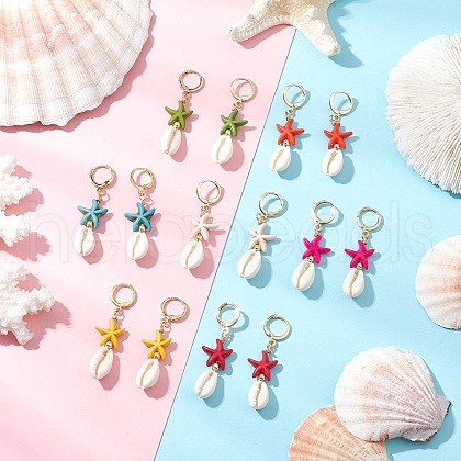 Starfish Synthetic Turquoise Hoop Earrings EJEW-JE06440-1