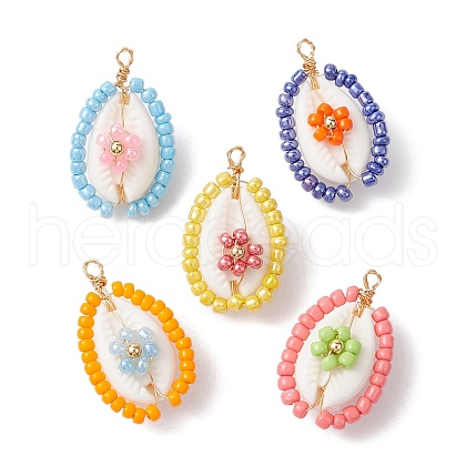 5Pcs 5 Colors Glass Seed Beads Copper Wire Wrapped Shell Pendants PALLOY-MZ00310-S-1