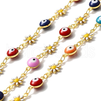 Handmade Brass Enamel Flower & Evil Eye Link Chain CHC-D032-02G-02-1