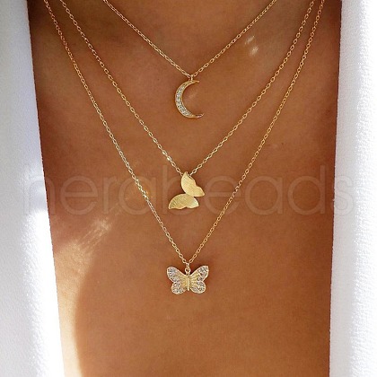 3Pcs Alloy Butterfly & Moon Pendant Necklaces WG64711-06-1